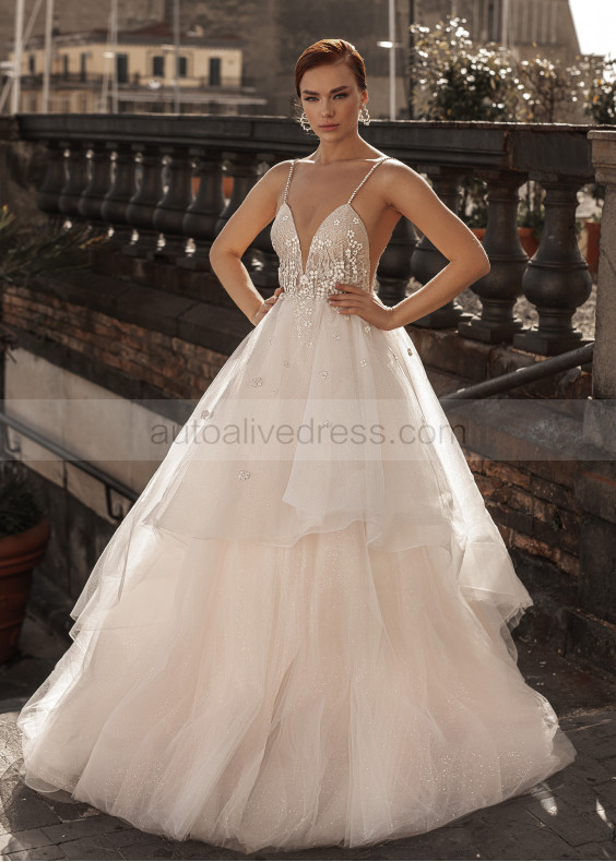 Beaded Spaghetti Straps Lace Glitter Tulle Wedding Dress Beaded Spaghetti Straps Lace Glitter Tulle Wedding Dress